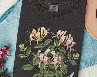 Vintage Honeysuckle Botanical Tshirt, Cottagecore Floral Shirt, June Birth Flower Bee Graphic Tee