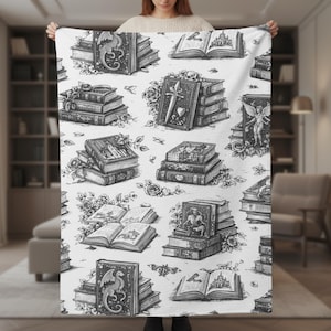 Romantasy Toile Plush Blanket for Readers, Fantasy Book Lover Throw, Dragon and Sword Design, Cozy Reading Nook Gift