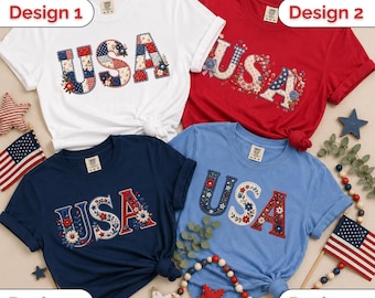 Camiseta de EE. UU. a elegir, camiseta de EE. UU. con acolchado falso, camiseta patriótica bordada, camiseta del 4 de julio, camiseta Coquette America, camiseta de retazos de EE. UU.