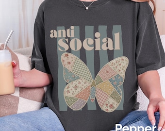 Anti Social Butterfly Faux Patchwork Graphic Tee, Vintage Butterfly Shirt, Boho Cottagecore Shirt