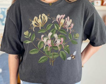 Vintage Honeysuckle Botanical TShirt, Cottagecore Floral Shirt, June Birth Flower Bee Graphic Tee