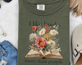I Like Books More Than People Book Lover Shirt, Floral Bookworm Tee, Vintage Botanical Reader Tee, Bookish Gift