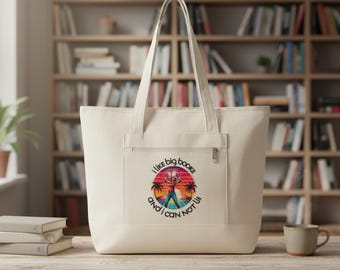 I Like Big Books Book Lover Zippered Tote Bag, Canvas Bookish Bag, Book Lover Gift, Large Everyday Tote, Book Club Tote, Gift for Readers