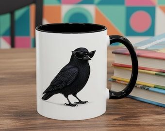 Black Crow with Sunglasses Mug, Gothic Bird Coffee Cup, Bird Lover Gift
