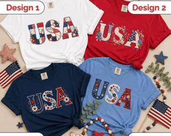 Choice of USA Shirt, Faux Quilted USA Tee, Patriotic Embroidery Shirt, Fourth of July Shirt, Coquette America Tee, USA Patchwork Shirt