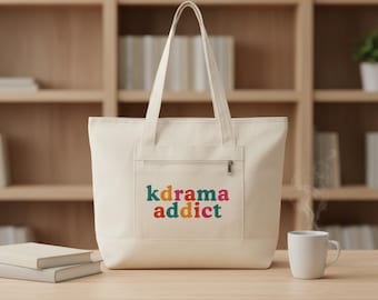 Kdrama Addict Zippered Tote Bag, Canvas Bookish Bag, Korean Drama Lover Gift, Large Everyday Tote, Book Lover Tote, Gift for Readers