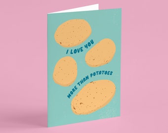 Te amo más que las papas Tarjeta de felicitación en blanco - San Valentín, Día de la Madre, aniversario, rosa, divertida, peculiar, paquete de ayuda, mejórate pronto