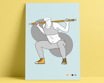 Impresión artística de levantamiento de lápiz: póster de pared con ilustración divertida, inspiradora, motivacional y positiva sobre salud mental.