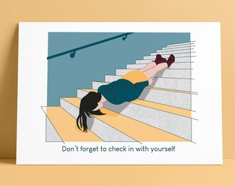 Lámina artística "Check In": Ilustración divertida sobre salud mental (A4)