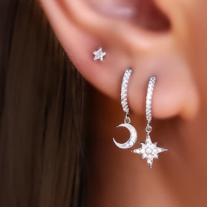 Moon and Star Earrings Abalone shell Leaf Wire Earrings Crescent moon Mismatch earrings Red moon Asymmetrical earrings