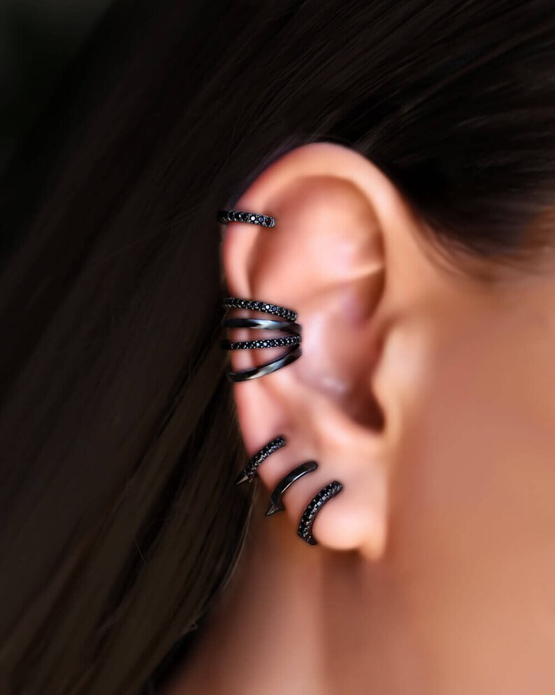 Black plain no piercing cuff black hoop earrings tiny black Etsy