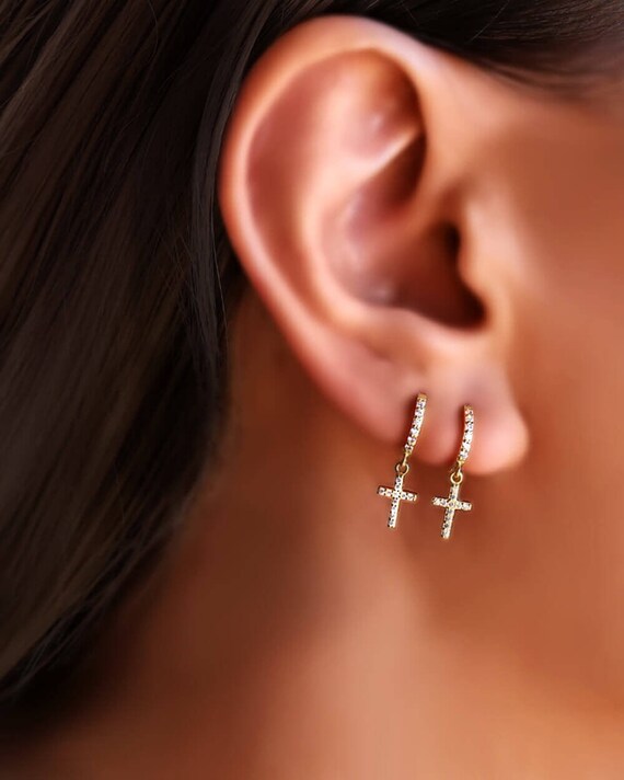 Cross Earrings Cross Hoop Earrings Cross Huggie Hoops Etsy