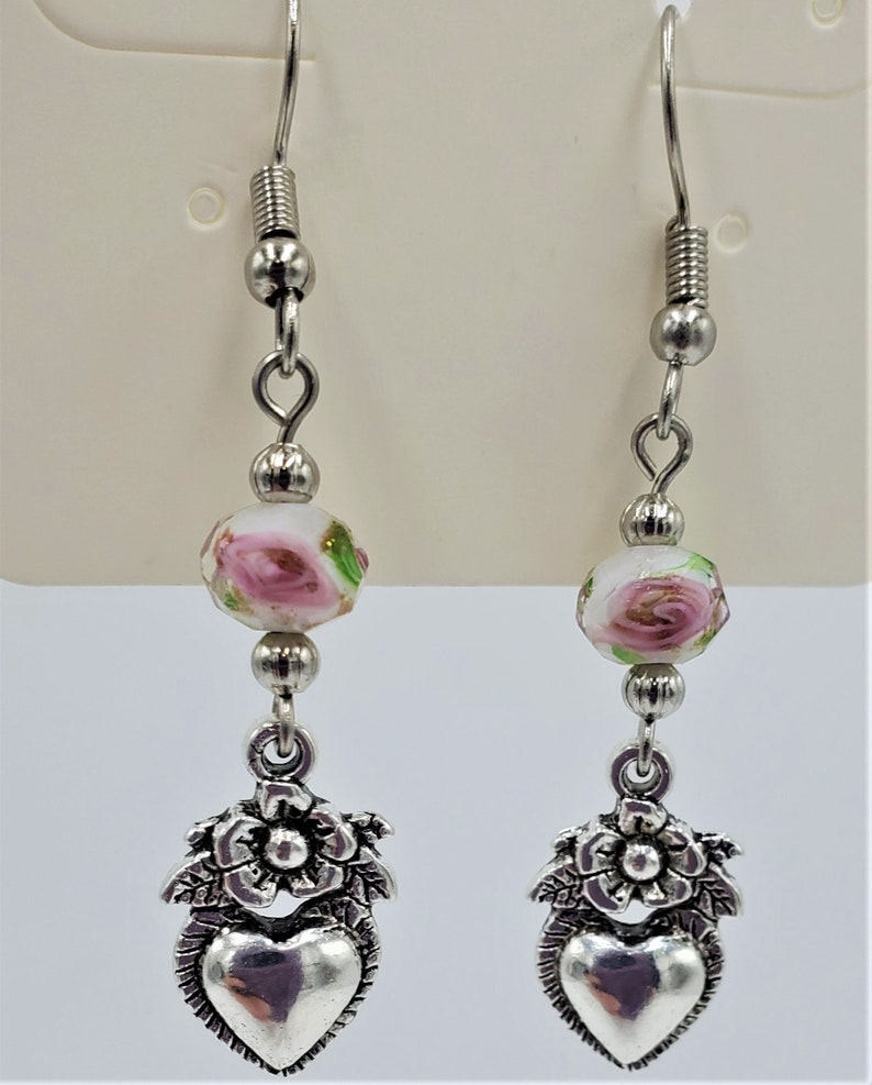 Valentine Flower Bead Heart Dangle Earrings