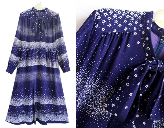 Blue And White Flower Pussy Bow 70s Chiffon Dress