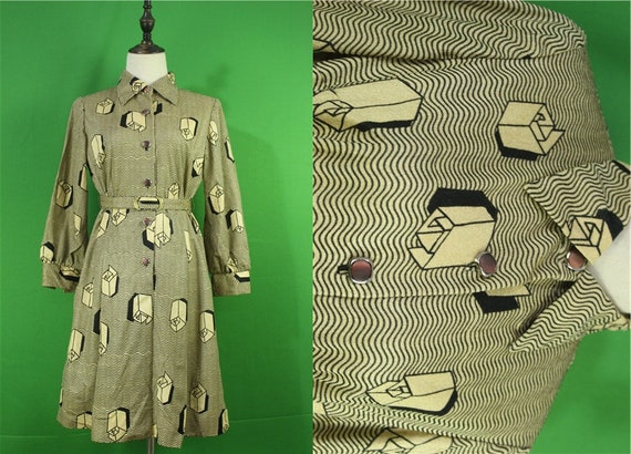 Size XS S Vintage Japanese Beige Coat Wool Japanese Checked 70/'s Coat