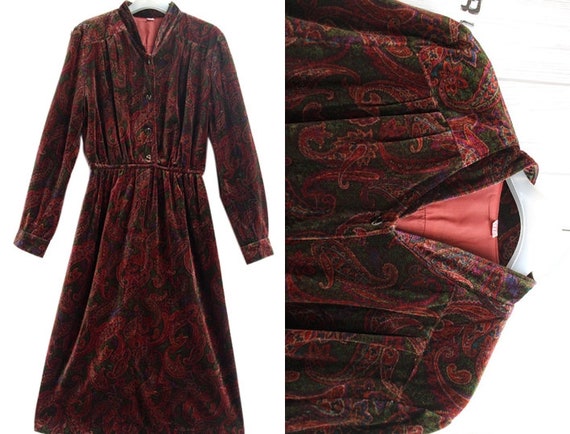 Velvet Paisley Boho Dress, 70s Boho Hippie Velvet