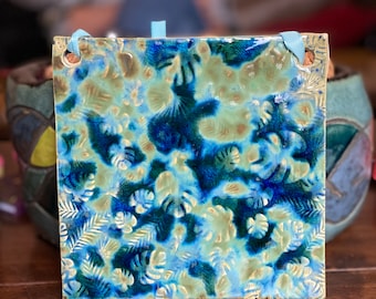 Handmade ceramic plaque leaves blue multicolor Monstera palm / Handmade ceramic plaque leaves blue wall hanging ribbon