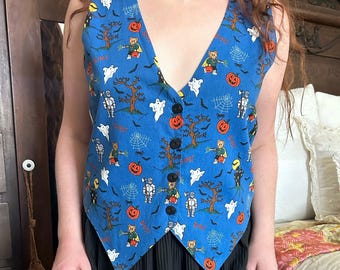 Vintage 90s Halloween Vest: Ghost, Knight, Jack O Lantern Print