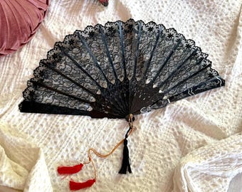 Vintage Italian Folding Hand Fan, Victorian Rococo Style, Black Silver Accents, 18th Century Costume