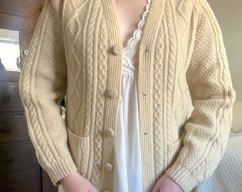 Vintage wollen vest, crèmekleur, kabelgebreide trui, herfst- en wintertrui, cottagecore