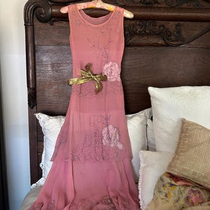 Rare 1920s Pink Embroidered Beaded Dress: Antique Flapper, Size XS