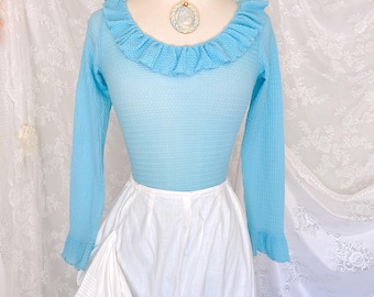 Vintage 1960s Blue Ruffle Collar Bodysuit, Nylon Waffle Knit, Romantic Balletcore Coquette Mod, S-M