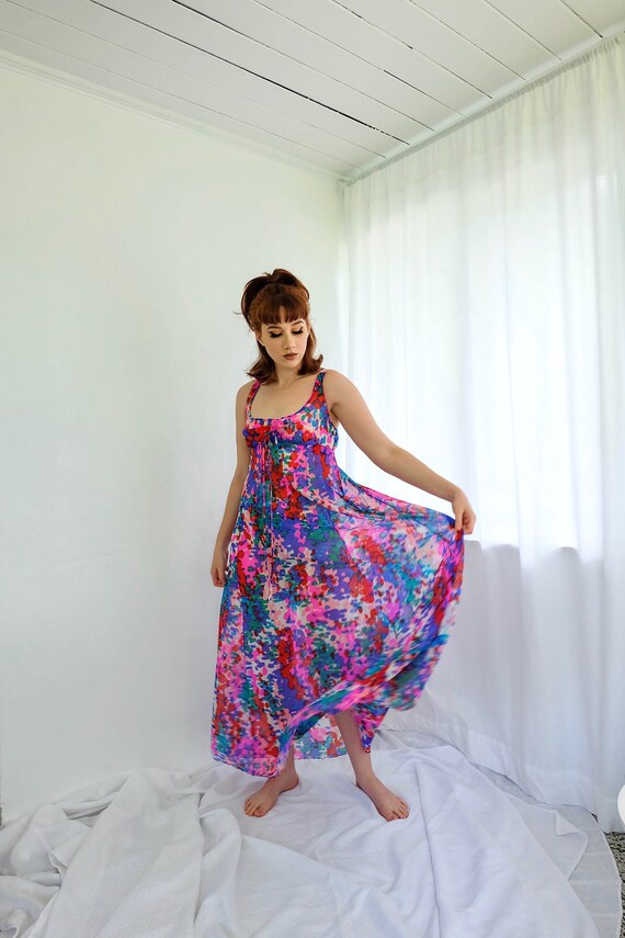 Unique Vintage Olga Empire Waist Colorful Print Ni