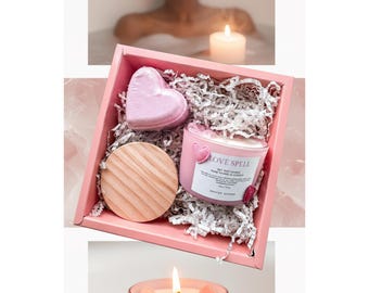 Love Spell Gift Set | Rose Quartz Candle | Heart Bath Bomb | Self Love Gift Box | Valentine’s Day Gift | Romantic Spa Set