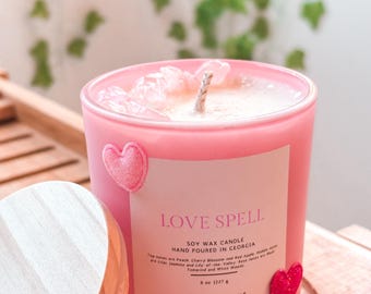 Love Spell Candle with Rose Quartz Crystals | 8 oz Soy Wax Candle | Self Love, Romance, Valentine Gift | Earthy Queens