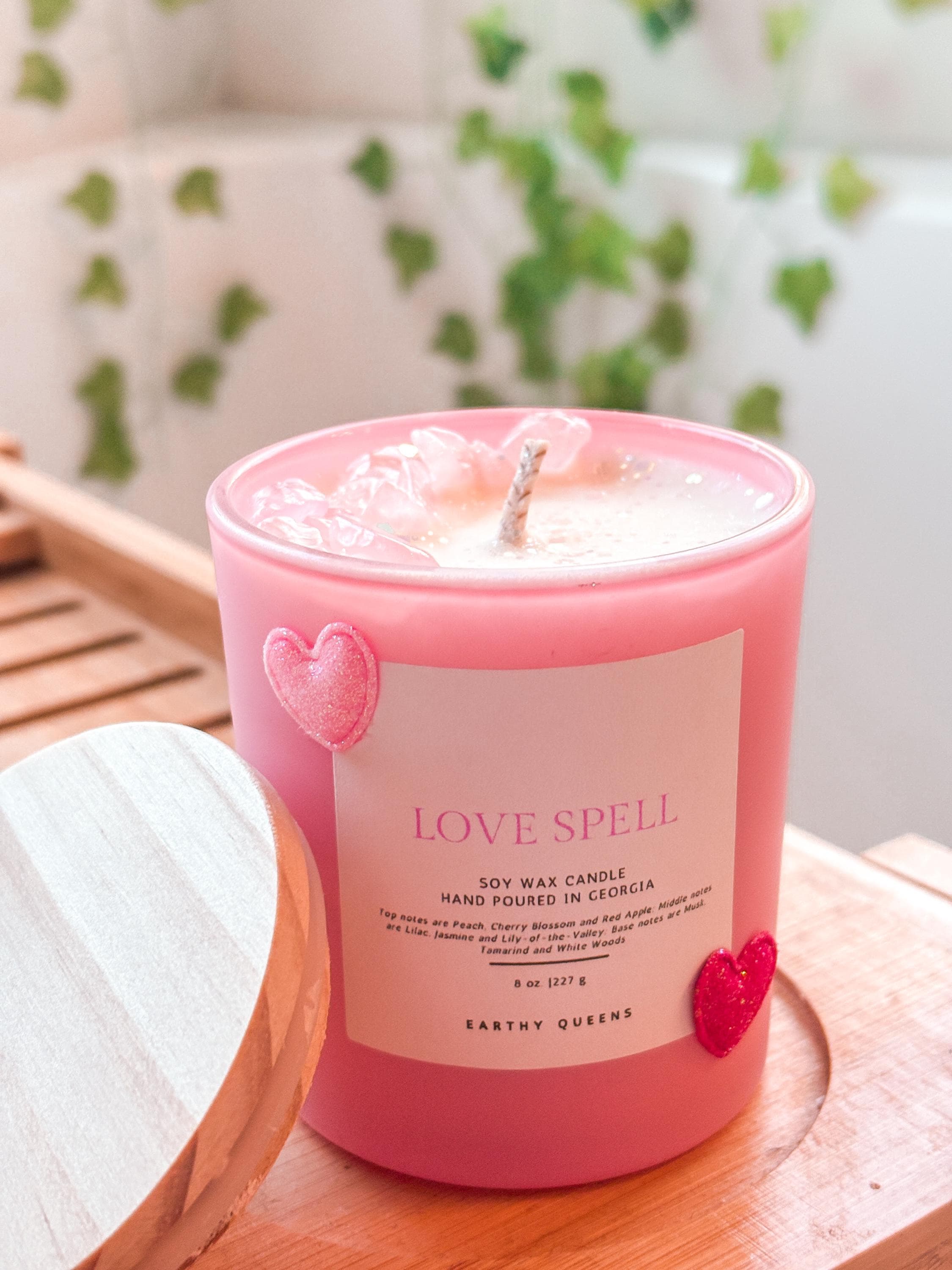 Love Spell Candle With Rose Quartz Crystals | 8 Oz Soy Wax Candle