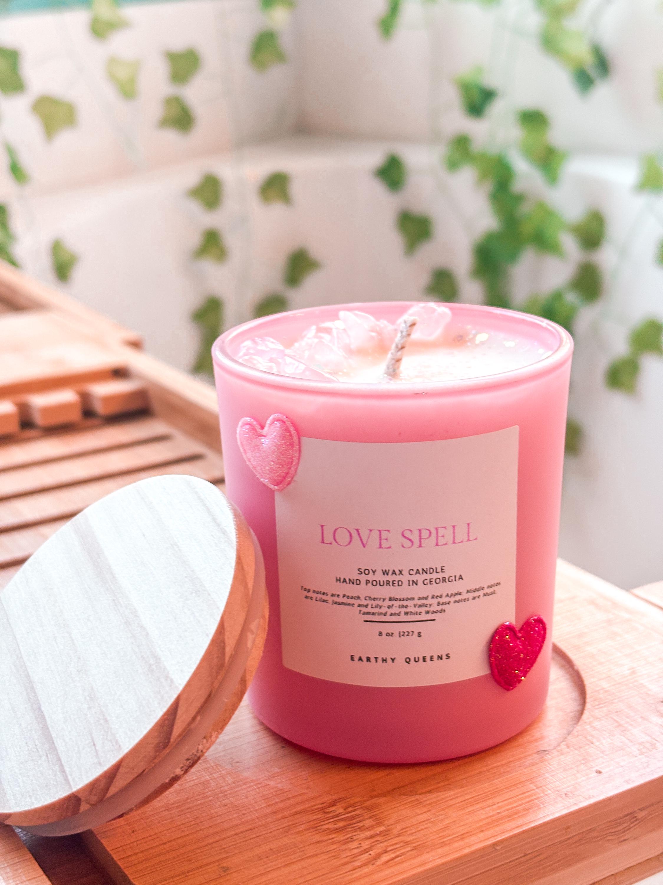 Love Spell Candle With Rose Quartz Crystals | 8 Oz Soy Wax Candle