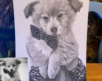 Pencil Drawn Pet Portrait 8x16 inch Furbaby Art One Off Animal