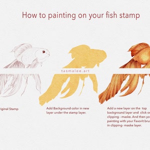 May include: A step-by-step guide on how to paint a fish stamp. The image shows three stages: the original line art, the stamp with a background color, and the final painted fish. The text explains how to add a new layer and use a clipping mask to paint on the stamp.