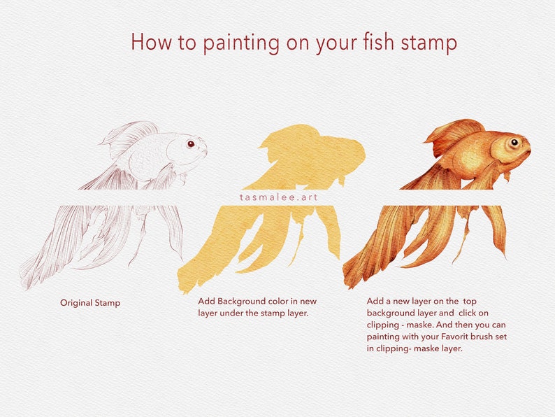 May include: A step-by-step guide on how to paint a fish stamp. The image shows three stages: the original line art, the stamp with a background color, and the final painted fish. The text explains how to add a new layer and use a clipping mask to paint on the stamp.