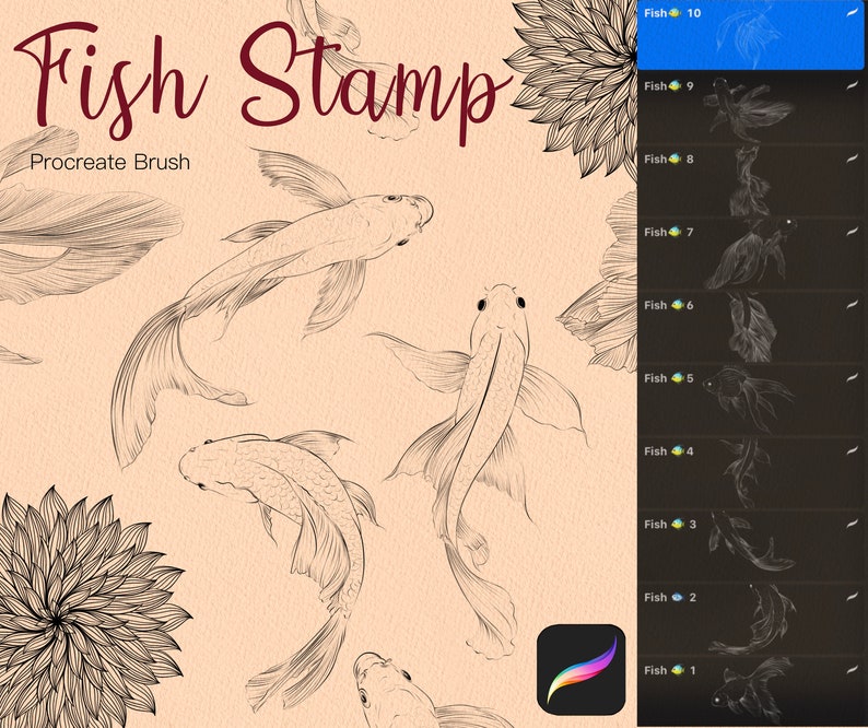 May include: A digital illustration of ten different fish designs, each with a unique outline and detail. The fish are arranged in a vertical column, with the number of each fish labeled next to it. The image is titled "Fish Stamp" and includes the text "Procreate Brush".
