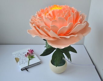 Lampa stołowa Peach Peony Flower, lampka nocna na stolik nocny, dekoracyjna dekoracja Giant Peony