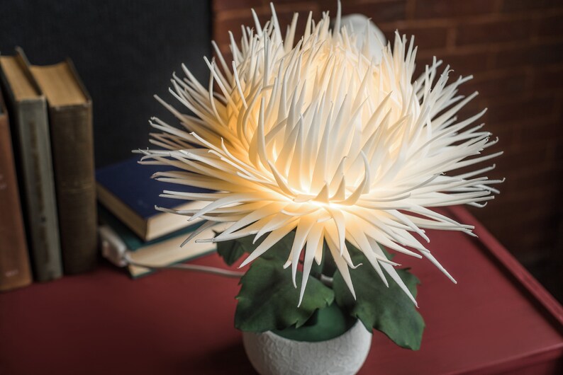 May include: A white paper flower lamp with a warm white light, sitting on a red table. The flower is in a white pot with green leaves.