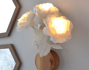 Floral Plug In Wall Sconce Rustic White Roses Flower Bedside Wall Lamp with Cord Farmhouse Wall Sconce Light with Wooden Base