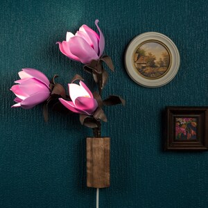Accent Plug In Flower Wall Sconce, Farmhouse Plug In Wall Lamp with Cord, Decorative Flower Lamp with Wooden Elements image 2