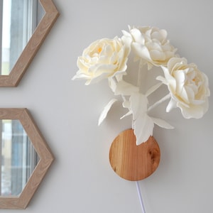 White Plug In Floral Sconce, Rustic Flower Bedside Wall Lamp with Cord, Farmhouse Wall Sconce Light with Wooden Elements