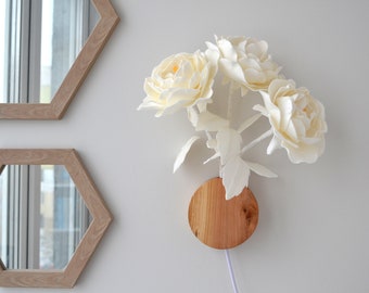 White Plug In Floral Sconce, Rustic Flower Bedside Wall Lamp with Cord, Farmhouse Wall Sconce Light with Wooden Elements