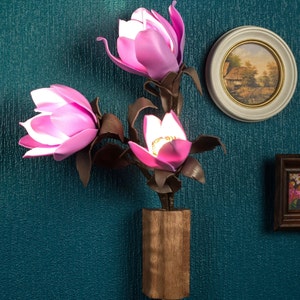 Accent Plug In Flower Wall Sconce, Farmhouse Plug In Wall Lamp with Cord, Decorative Flower Lamp with Wooden Elements image 1