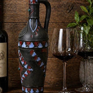 Vino Del Nord Vintage Pottery Decanter - 14" MCM Matte Black & Geometric Glaze - Large Italian Art Pottery Pitcher - Boho Chic Home Decor