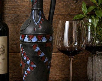 Vino Del Nord Vintage Pottery Decanter - 14" MCM Matte Black & Geometric Glaze - Large Italian Art Pottery Pitcher - Boho Chic Home Decor