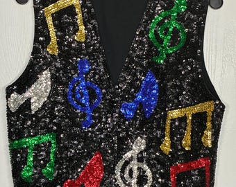 Vintage Black Sequin Music Note Vest | Small | Snap Front Adjustable Back