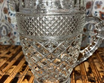 Vintage Cut Glass Style Creamer Pitcher – Diamond Pattern w/ Starburst Base – 16 oz