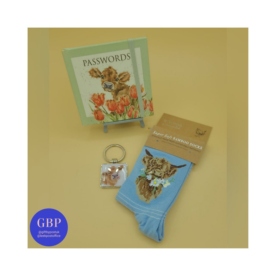 Wrendale Designs Gift Set Password Book, Socks and a Keyring Cow Etsy