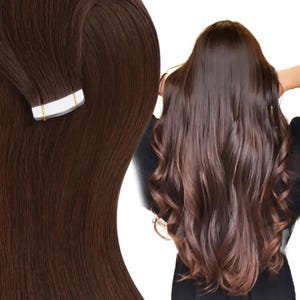 May include: Dark brown hair extensions with tape-in attachments. The extensions are shown in a close-up view, with a woman's long, wavy hair in the background. The hair is a rich, warm brown color.