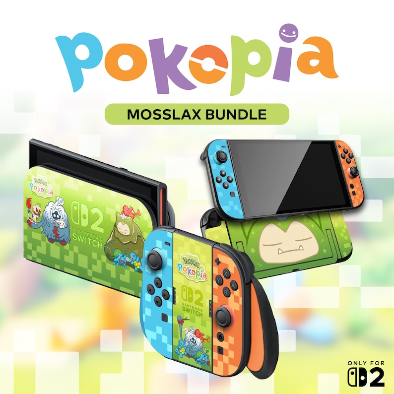 K&ouml;nnte beinhalten: Ein Nintendo Switch Mosslax Bundle mit gr&uuml;nen, blauen und orangen Farbt&ouml;nen. Das Bundle enth&auml;lt eine Konsole, Controller und eine Dockingstation, alle mit Charaktergrafiken und dem Text "Pokopia" und "Mosslax Bundle" verziert.