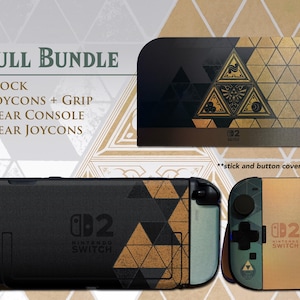 May include: A Nintendo Switch console skin set featuring a black and gold geometric Triforce design. The bundle includes decals for the dock, rear console, Joy-Cons, and Joy-Con grip. Text reads Full Bundle, Dock, Joycons + Grip, Rear Console, Rear Joycons.